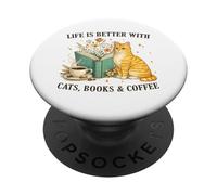 Life is Better With Cats Books And Coffee Cat Lover Reading PopSockets PopGrip Adesivo