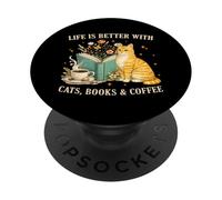 Life is Better With Cats Books And Coffee Cat Lover Reading PopSockets PopGrip Adesivo