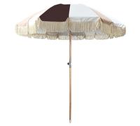 LIFE IS Ombrellone 200 cm, 8 stecche in fibra di vetro 8.0 mm. Palo in legno di faggio con tilt inclinabile. Materiale Canvas, waterproof, protezione UV50+, con frangia in cotone da 15 cm.