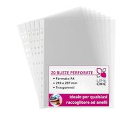 LifeChic 20 Buste Plastificate A4 Trasparenti 210x297mm - Buste a Foratura Universale per Raccoglitori ad Anelli - Porta Documenti Resistenti e Pratiche