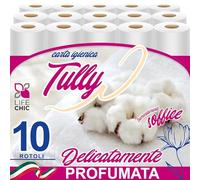 LifeChic Carta Igienica TULLY 10 Rotoli 2 Veli Profumata al Talco - Carta Morbida e Resistente, Delicata sulla Pelle, Ideale per Bambini e Famiglia, Rotoli Lunghi e di Qualità Premium