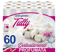 LifeChic Carta Igienica TULLY 60 Rotoli 2 Veli Profumata al Talco - Carta Morbida e Resistente, Delicata sulla Pelle, Ideale per Bambini e Famiglia, Rotoli Lunghi e di Qualità Premium