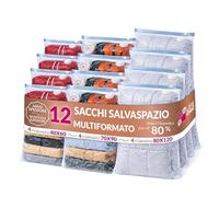 LifeChic Sacchetti Salvaspazio Sottovuoto - Set 12 Pezzi Multiformato (4×40x60 cm, 4×70x90 cm, 4×80x120 cm), Riutilizzabili con Valvola Universale, Buste Sottovuoto per Vestiti, e Cambio Stagione