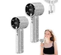 LIFECOSM Diamond Portable Fan, Full Diamond Luxury Craftsmanship Handheld Turbo Fans,199 Gear Wind,Quiet Mini Rechargeable Handhelds Fan with Display For Travel Office Outdoor (2pcs Silver)
