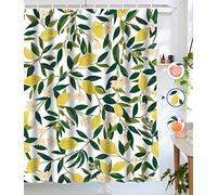 Lifeel Tende da doccia con limone, tenda da doccia con foglie verdi, design con piante verdi, tessuto impermeabile, set con 12 ganci, verde giallo 183 x 183 cm