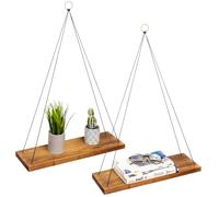 LifeGoods Mensole da Muro Design con Corda e Anelli di Metallo di 3 Colori | Mensole Sospesa da Parete Rustico per Il Salotto, La Cameretta e Altro | Scaffale Sospeso Industrial & Naturale | Set da 2