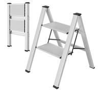 LIFERUN Scala a pioli in alluminio con 2 gradini, pieghevole, antiscivolo, per la casa, multifunzione, facile da riporre fino a 150 kg, portata per cucina, casa, esterni e ufficio, colore: argento