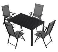 LIFERUN Set di 5 mobili da giardino in alluminio, set di 4 sedie pieghevoli regolabili + 110 x 70 cm, resistente alle intemperie, tavolo rettangolare per terrazze, set da pranzo, per esterni, nero
