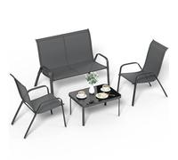 LIFERUN Set Salotto da Giardino 4 Pezzi, Set Mobili da Esterno con Divano 2 Posti, 2 Poltrone, 1 Tavolino in vetro, Textilene Traspirante, Set da Conversazioni per Piccolo Balcone, Terrazzo (Grigio)