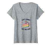 Lifes Short Mangia la Torta Divertimento Amante dei Dessert Maglietta con Collo a V, Donna, Grigio Melange, XL