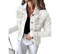 LifeShe Giacca da donna in denim con perle e strass, bianco, X-Large