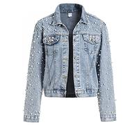 LifeShe Giacca da donna in denim con perle e strass corti, Blu, Small