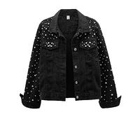 LifeShe Giacca da donna in jeans con perle e strass, nero, X-Large