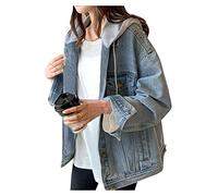 LifeShe Giacca di jeans da donna con cappuccio oversize invecchiato giacche di jeans con cappuccio, Blu, XX-Large