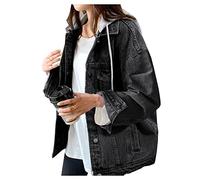 LifeShe Giacca di jeans da donna con cappuccio oversize invecchiato giacche di jeans con cappuccio, nero, Large