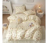 LifeTB Set di biancheria da letto in morbido cotone con motivo fragole e fragole in stile Kawaii, per camera da letto per bambini, con graziosa stampa di fragole su sfondo bianco crema
