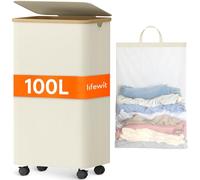 Lifewit 100 L Cesto Portabiancheria con Coperchio e ruote, Portabiancheria Sporca in Bambù, Cesta Biancheria Pieghevole e Sacchi Rimovibili per Camera, Bagno, Lavanderia, Bianco