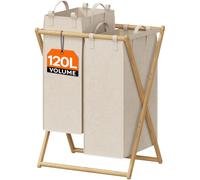 Lifewit 120L Cesto Portabiancheria 2 Scomparti, Grande Cesta Portabiancheria Sporca Bambù, Porta Biancheria Sporca per Bagno con 2 Sacco Rimovibile per Lavanderia, Camera da Letto, Bagno, Beige