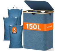 Lifewit 150L Cesto per la Biancheria con Coperchio, Grande Cesta Portabiancheria a 3 Scomparti, Portabiancheria Sporca con Manici in Bambù e 3 Sacco per la Biancheria Rimovibile, Blu