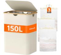 Lifewit 150L Cesto Portabiancheria con 3 Scomparti e 3 Sacchi, Grande Cesta Portabiancheria Pieghevole in Bambùcon Coperchio per Camera da Letto, Bagno, Lavanderia, Beige