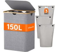 Lifewit 150L Cesto Portabiancheria con 3 Scomparti e 3 Sacchi, Grande Cesta Portabiancheria Pieghevole in Bambùcon Coperchio per Camera da Letto, Bagno, Lavanderia, Grigio Chiaro
