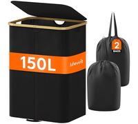 Lifewit 150L Grande Cesto Portabiancheria con Coperchio e Sacchi Rimovibili, Portabiancheria Sporca con Manici in bambù, Cesta Biancheria Pieghevole a 2 Scomparti per Camera, Bagno, Lavanderia, Nero