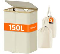 Lifewit 150L Grande Cesto Portabiancheria con Coperchio e Sacchi Rimovibili, Portabiancheria Sporca con Manici in bambù, Cesta Biancheria Pieghevole a 2 Scomparti per Camera, Bagno, Lavanderia, Beige