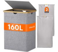 Lifewit 160L Cesto Portabiancheria in Bambù, Grande Portabiancheria Sporca 2 Scomparti con Coperchio, Cesta Biancheria Pieghevole con 2 Sacchi Rimovibili per Camera, Bagno, Lavanderia, Grigio