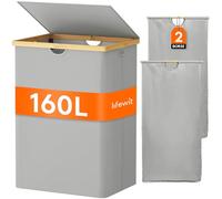 Lifewit 160L Cesto Portabiancheria in Bambù, Grande Portabiancheria Sporca 2 Scomparti con Coperchio, Cesta Biancheria Pieghevole con 2 Sacchi Rimovibili per Camera, Bagno, Lavanderia, Grigio Argento