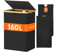 Lifewit 160L Cesto Portabiancheria in Bambù, Grande Portabiancheria Sporca 2 Scomparti con Coperchio, Cesta Biancheria Pieghevole con 2 Sacchi Rimovibili per Camera, Bagno, Lavanderia, Nero
