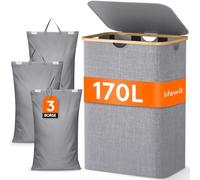 Lifewit 170L Cesto Portabiancheria con 3 Scomparti e 3 Sacchi, Grande Cesta Portabiancheria Pieghevole in Bambùcon Coperchio per Camera da Letto, Bagno, Lavanderia, Grigio Chiaro