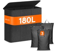 Lifewit 180L Cesto Portabiancheria con Coperchio, Grande Cesta Portabiancheria a 3 Scomparti, Portabiancheria Sporca con Manici in Bambù e 3 Sacco per la Biancheria Rimovibile, Grigio Scuro