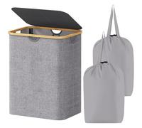 Lifewit Cesta Portabiancheria 120 L con Coperchio, Grande Cesto Biancheria Pieghevole in Bambù con Sacco Interno, Portabiancheria Salvaspazio, Laundry Basket per Camera da Letto, Bagno, Grigio Chiaro