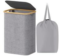 Lifewit Cesta Portabiancheria 80 L con Coperchio, Grande Cesto Biancheria Pieghevole in Bambù con Sacco Interno, Portabiancheria Salvaspazio, Laundry Basket per Camera da Letto, Bagno, Grigio Chiaro