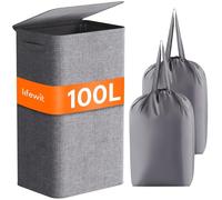 Lifewit Cesta Portabiancheria Salvaspazio con Coperchio 100L, Cesto Portabiancheria con Borsa Rimovibile, Portabiancheria Sporca Pieghevole per Camera da Letto, Bagno, Lavanderia, Grigio