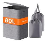 Lifewit Cesta Portabiancheria Salvaspazio con Coperchio 80L, Cesto Portabiancheria con Borsa Rimovibile, Portabiancheria Sporca Pieghevole per Camera da Letto, Bagno, Lavanderia, Grigio