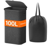 Lifewit Cesto Portabiancheria 100L, Cesta Biancheria Sporca Salvaspazio, Cesta Panni Sporchi Pieghevole con Plastica Manici, Porta Biancheria Sporca per Bagno, Camera da Letto, Grigio scuro