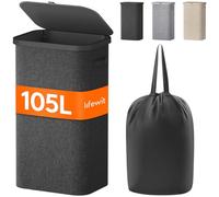Lifewit Cesto Portabiancheria 105 L, Cesta Panni Sporchi con coperchio, Laundry Basket con Plastica Manici, Porta Biancheria Sporca per Bagno, Lavanderia, Camera da Letto, Grigio Scuro