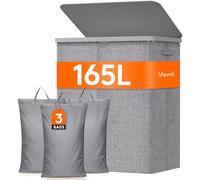 Lifewit Cesto Portabiancheria 165L, Grande Portabiancheria Sporca 3 Scomparti con Coperchio, Cesta Biancheria con Plastica Manici e 3 Sacchi Rimovibili per Camera, Bagno, Lavanderia, Grigio