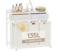 Lifewit Cesto Portabiancheria 3 Scomparti con Ruote 120L, Mobile Biancheria Sporca con 2 Cassetti e 3 Sacco Porta Biancheria in Tessuto Oxford per Lavanderia, Camere da Letto, Bagno, Bianco e beige