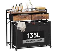Lifewit Cesto Portabiancheria 3 Scomparti con Ruote 120L, Mobile Biancheria Sporca con 2 Cassetti e 3 Sacco Porta Biancheria in Tessuto Oxford per Lavanderia, Camere da Letto, Bagno, Nero