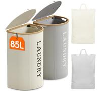 Lifewit Cesto portabiancheria con coperchio, confezione da 2 pezzi, grande cesto portabiancheria con 2 scomparti e 2 sacchetti rimovibili per lavanderia, camera da letto, bianco e grigio argento