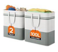 Lifewit Cesto Portabiancheria Pieghevole, Cesta Portabiancheria salvaspazio con Manici Estesi, Cesto panni Sporchi in Tessuto per Bambini, Cameretta, Bagno, Lavanderia, Grigio e Bianco, 100 L, 2 Pezzi