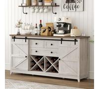 Lifewit Credenza in Stile Rustico con Ante Scorrevoli e 2 Prese di Corrente/2 Porte USB, Portabottiglie, 3 Cassetti Aggiuntivi e 2 Armadietti con Ripiani Regolabili, Bianco Rustico