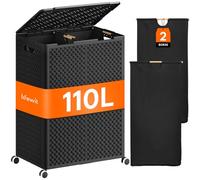 Lifewit Gran Cesto Ropa Sucia de Plástico 2 Compartimentos 110 L, Cesta Plegable con Ruedas y Bolsas Interiores Desmontables, Cubo de Ropa para Dormitorio, Baño, Lavandería, Negro
