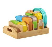 Lifewit Porta Coperchi in Bambù, Scolapiatti Salvaspazio con 5 Divisori Regolabili, Portacoperchi per Contenitori Cassetti Cucina per Alimenti, 34 x 25 cm