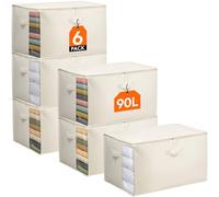 Lifewit Set di 6 Scatole per Vestiti 90L, Organizer Armadio Pieghevole con Finestra Trasparente, Scatole per Armadio Rigide, Contenitori Salvaspazio in Cotone per Lenzuola, Coperte e Trasloco, Beige