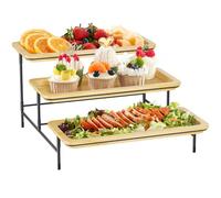 Lifewit Vassoio da portata a 3 ripiani, in bambù, 30 x 17 cm, con supporto in metallo nero, per accessori per feste, buffet, grandi vassoi riutilizzabili per verdure/frutta, dessert