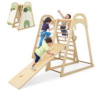 LIFEZEAL 6 in 1 Arrampicata con Scivolo Rete Scaletta e Anelli per Bambini, Triangolo Struttura da Arrampicata in Legno Sicuro e Divertente, Casetta Parco Giochi Stabile per Bimbi 3 Anno+