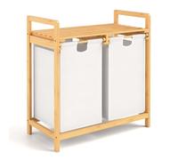 LIFEZEAL 70L Cesto Biancheria Sporca a 2 Scomparti, Mobile Portabiancheria in Bambù, Cesto Estraibile, con Sacco Rimovibile, Lavabile, Piano Portaoggetti, Lavanderia, Bagno, 63x33x73cm, bianco